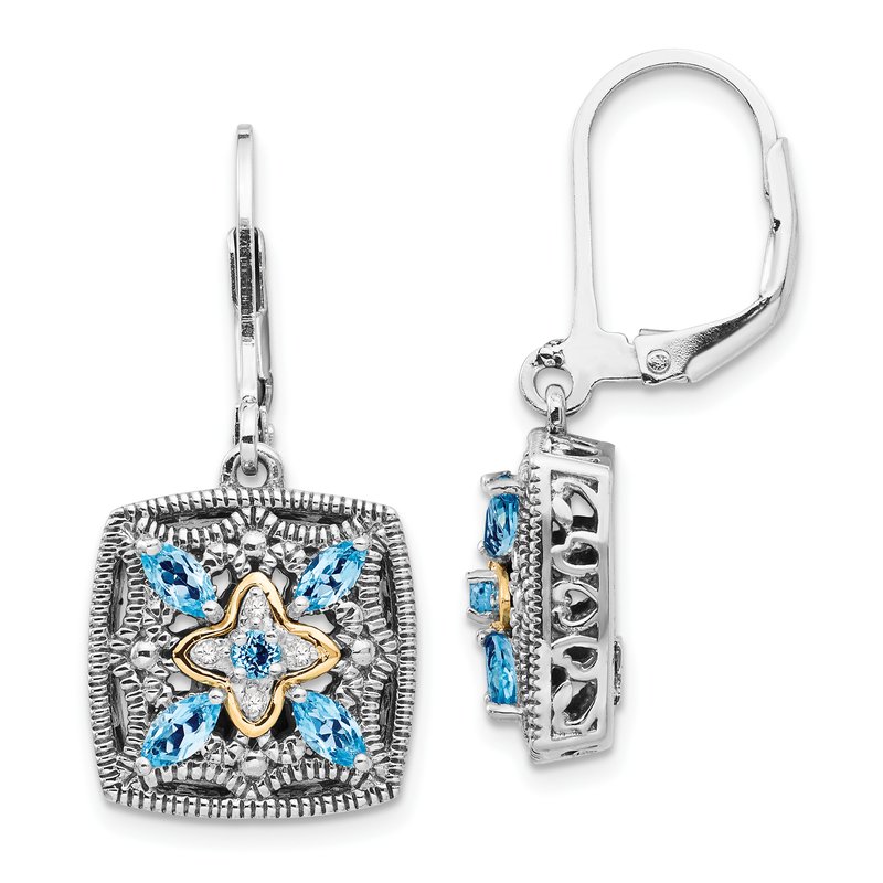 Sterling Silver with 14K Accent Antiqued Diamond and Marquise Blue Topaz Leverback Earrings
