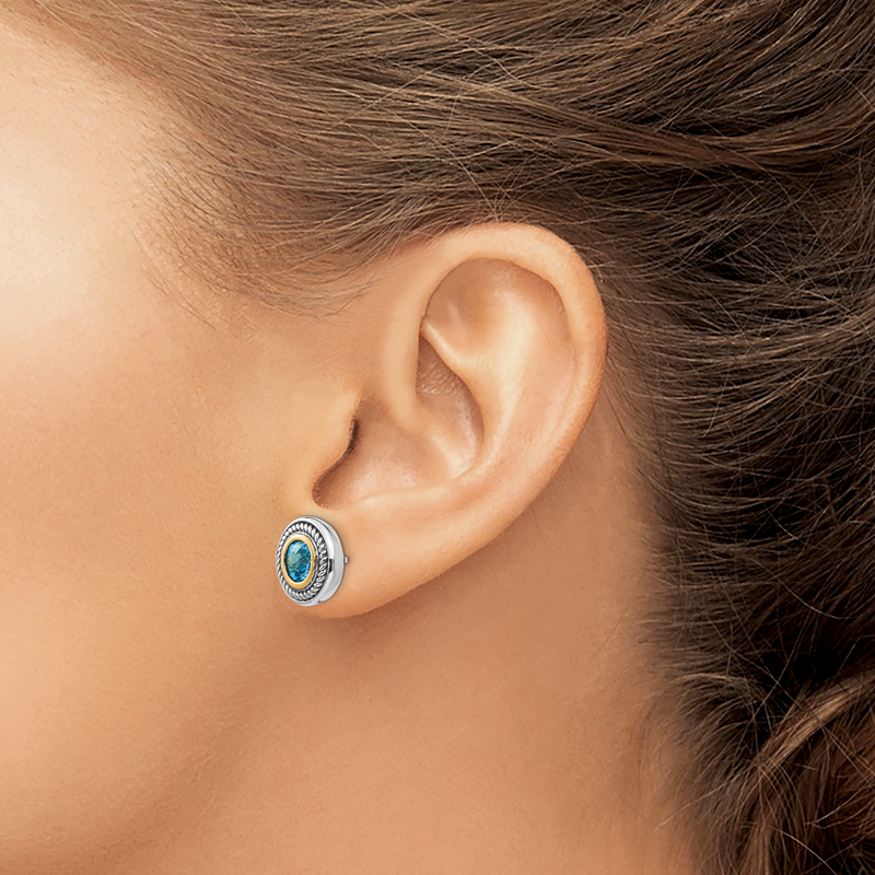 Sterling Silver with 14K Accent Antiqued Round Blue Topaz Post Earrings