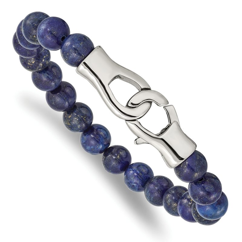 Stainless Steel Polished Genuine Lapis Beaded 9 inch Bracelet
