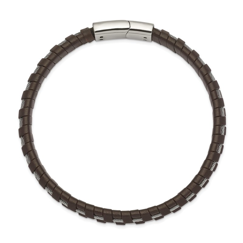 Stainless Steel Polished Cable and Brown Leather 8.75 inch Bracelet
