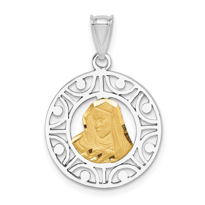 14K Two-tone Brushed and Polished Diamond-cut Virgin Mary Pendant