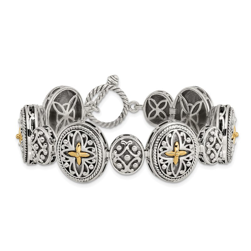 Sterling Silver with 14K Accent 8 Inch Antiqued Toggle Bracelet