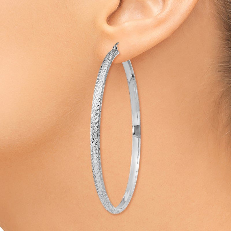 14K White Gold Diamond-cut 3.5x65mm Hollow Hoop Earrings