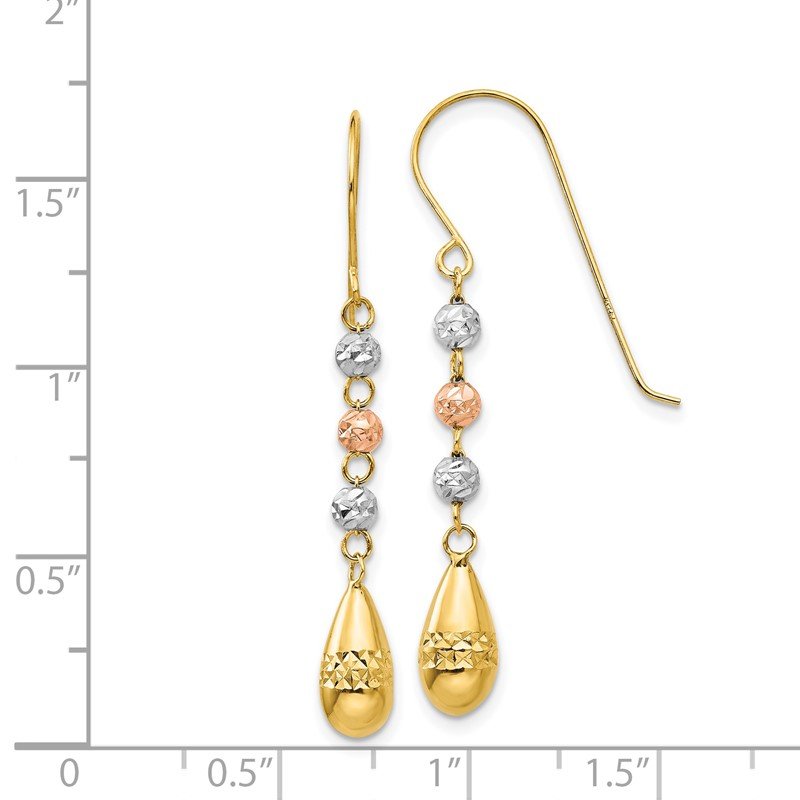 14k Tri-color Diamond-cut Teardrop Beaded Puff Dangle Earrings