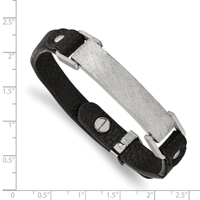 Stainless Steel Polished Scratch Finished Black Leather Adjustable ID Bracelet