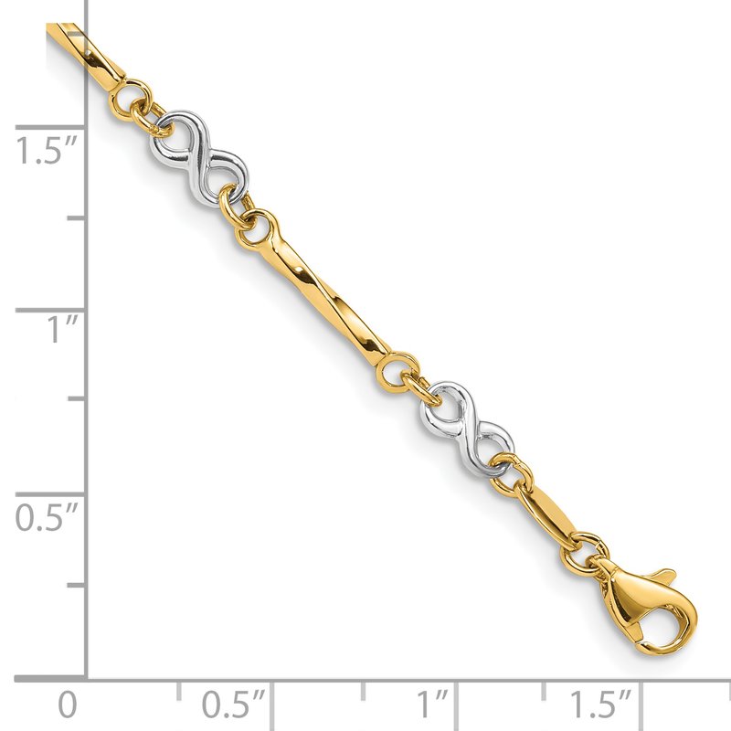 14K Two-tone Infinity Symbol and Twisted Fancy Bar Link 7.5 inch Bracelet