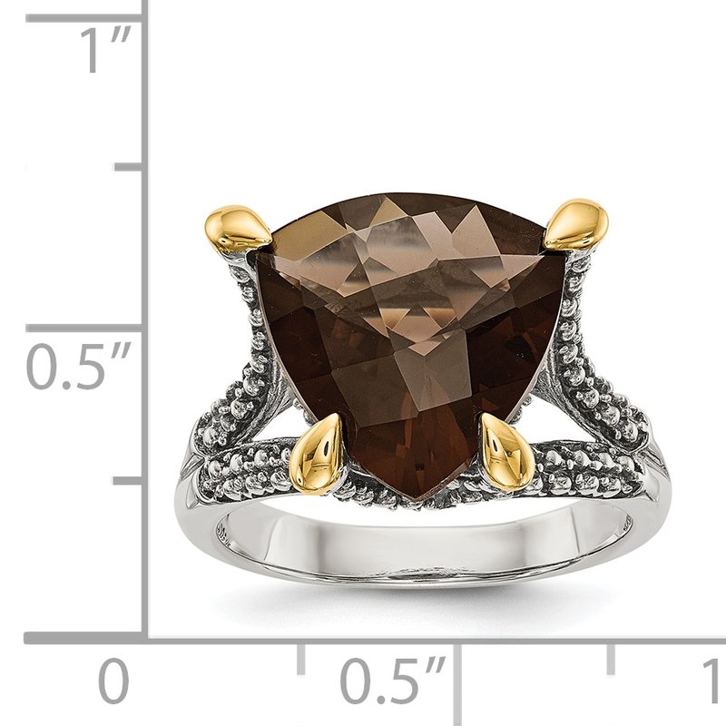 Sterling Silver with 14K Accent Antiqued Trillion Checkerboard Smoky Quartz Ring
