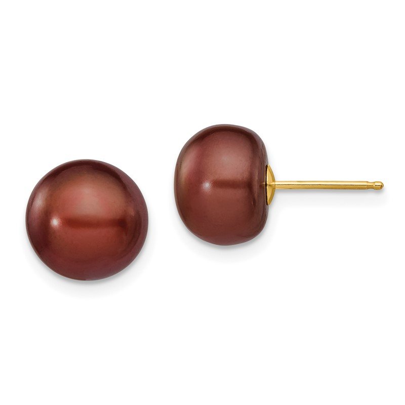 14k 9-10mm Brown Button Freshwater Cultured Pearl Stud Post Earrings