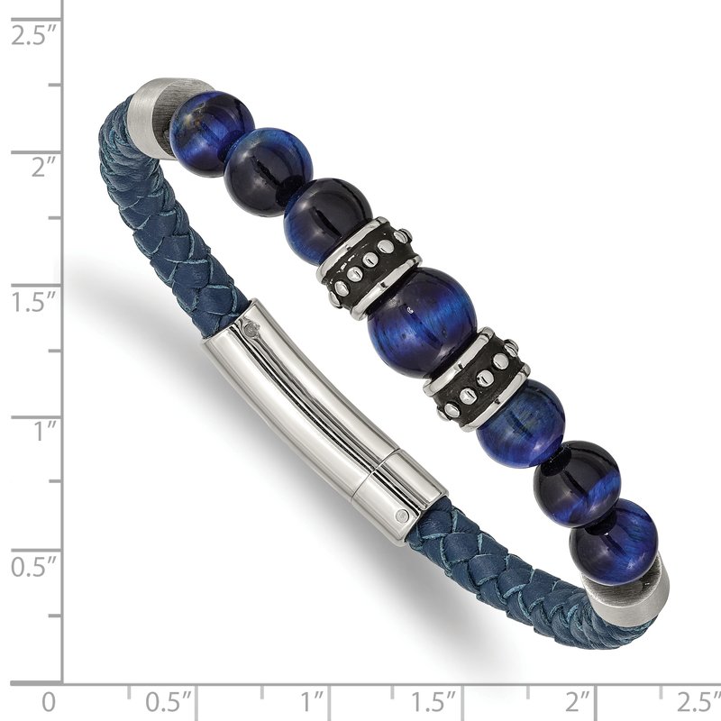 Stainless Steel Antiqued and Polished Blue Tiger's Eye Beads Blue Leather 8.25 inch Bracelet