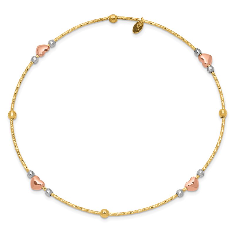 14k Tri-color Diamond-cut Hearts and Beads Slip-on Round Bangle Bracelet