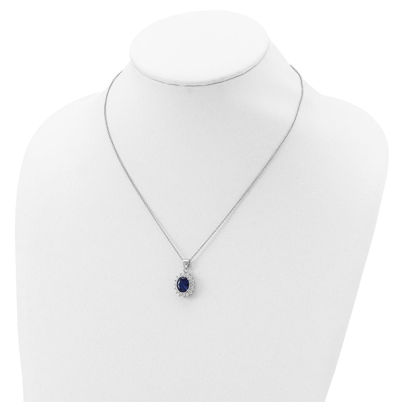 Sterling Silver Rhodium-plated Brilliant-cut Lab Created Dark Blue Spinel and Brilliant-cut White CZ Oval Halo 18 Inch Necklace