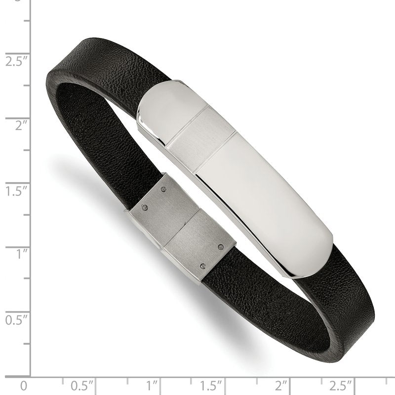 Stainless Steel Brushed and Polished Black Leather 8.5 inch ID Bracelet