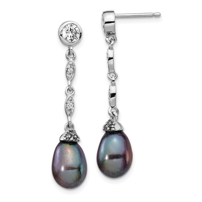 Sterling Silver Rhodium-plated Black Teardrop Freshwater Cultured Pearl and Brilliant-cut CZ Bezel Post Dangle Earrings