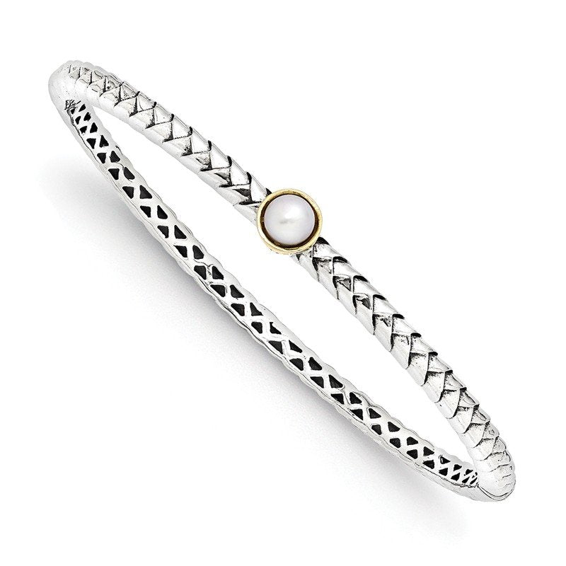 Sterling Silver with 14K Accent 6mm FW Cultured Pearl Hinged Bangle Bracelet