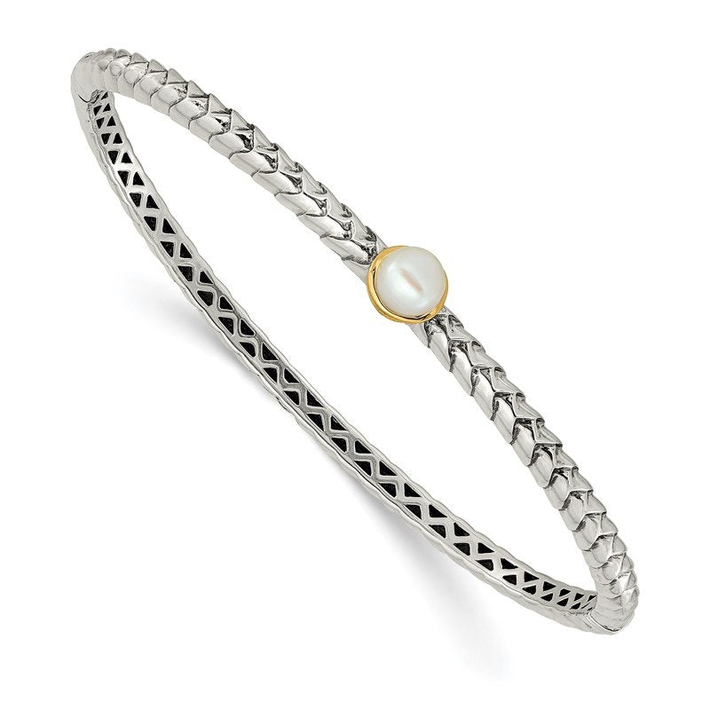 Sterling Silver with 14K Accent 6mm FW Cultured Pearl Hinged Bangle Bracelet