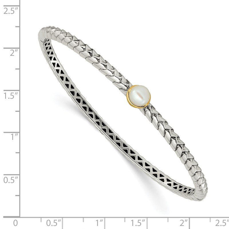 Sterling Silver with 14K Accent 6mm FW Cultured Pearl Hinged Bangle Bracelet