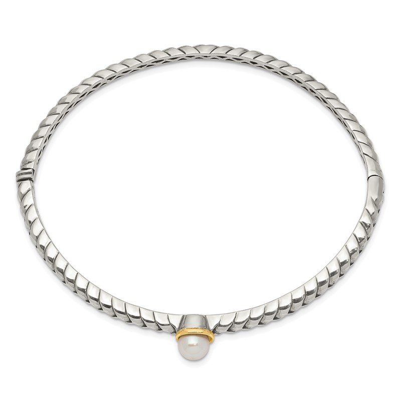 Sterling Silver with 14K Accent 6mm FW Cultured Pearl Hinged Bangle Bracelet