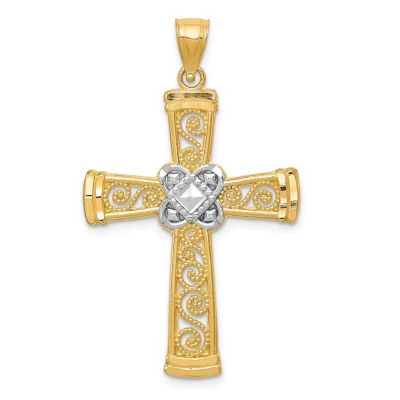 14k and White Rhodium Diamond-cut Filigree Cross Pendant