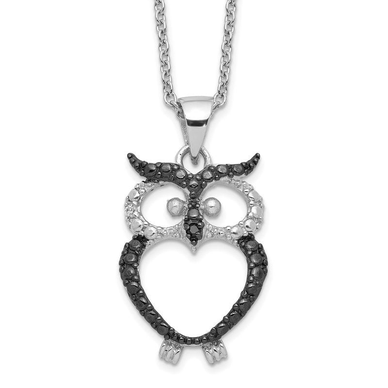 Sterling Silver Rhodium-plated and Black Rhodium Accent Brilliant-cut Black and White CZ Owl 18 Inch Necklace