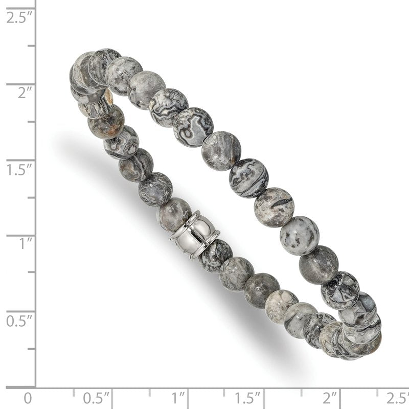 Stainless Steel Polished 6mm Grey Jasper Beaded Stretch Bracelet