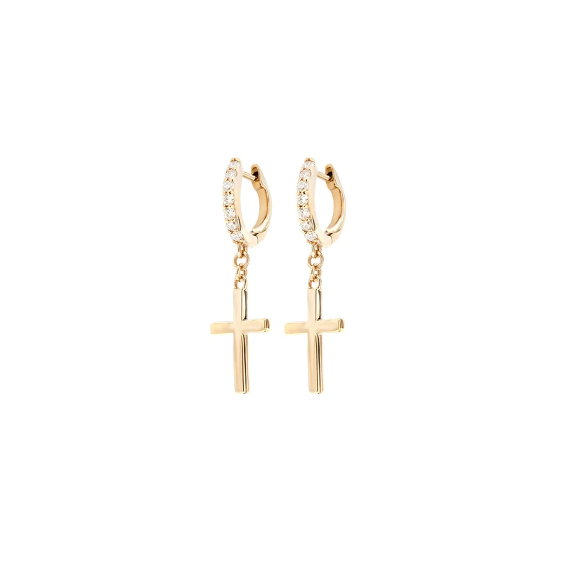 Dangling Cross Huggie Hoop Earrings 14K