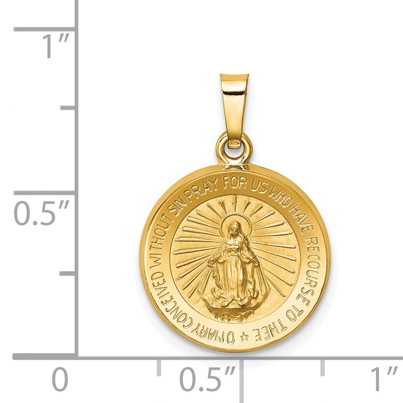14k Polished and Satin Hollow Miraculous Medal Round Pendant