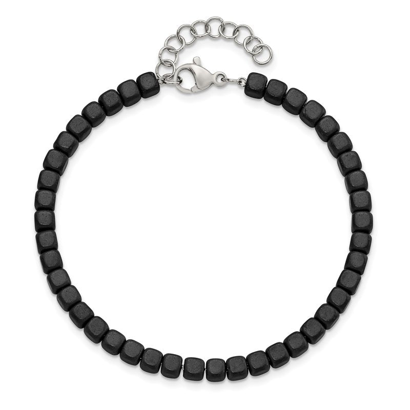 Stainless Steel Brushed and Polished Square Hematite Beaded 7 inch Bracelet with 1.25 inch Extension