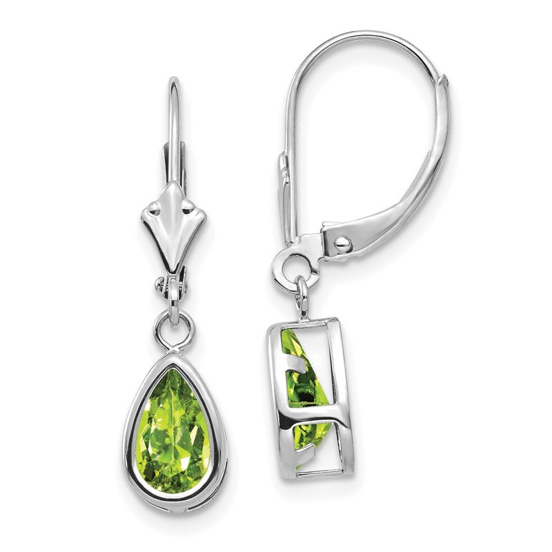 14k White Gold 8x5mm Pear Peridot Bezel Leverback Dangle Earrings