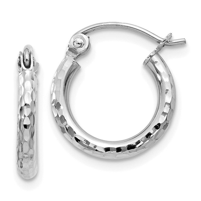 14k White Gold 2x13mm Diamond-cut Round Tube Hoop Earrings