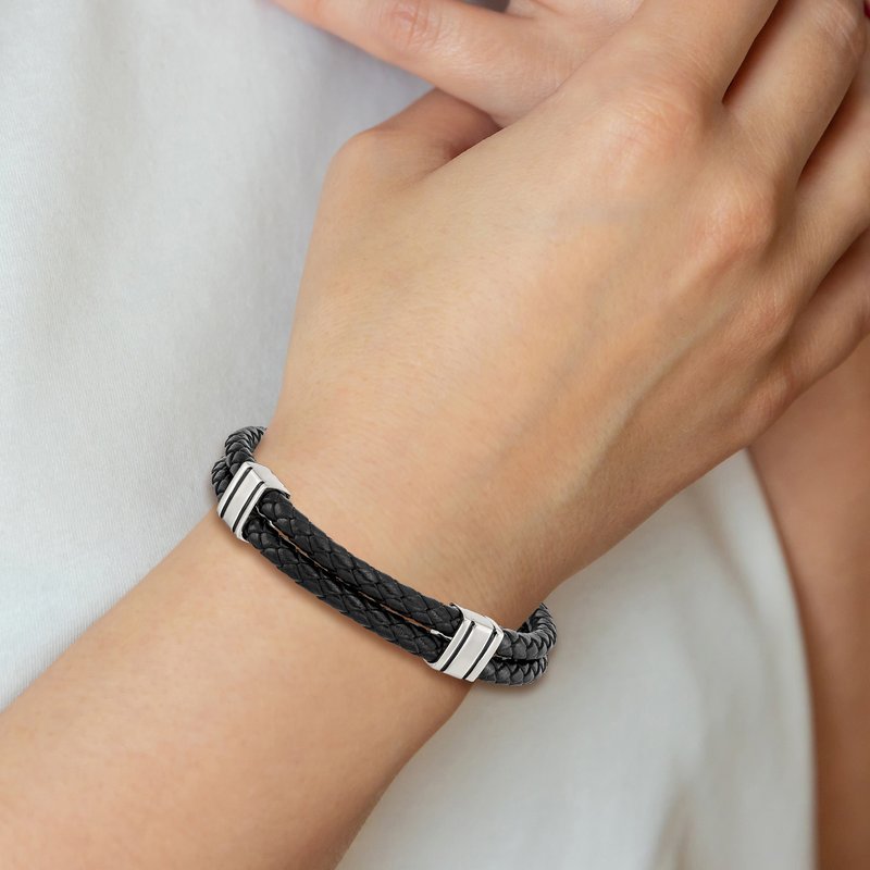 Stainless Steel Polished Braided 2 Strand Black Braided Leather 9 inch Bracelet