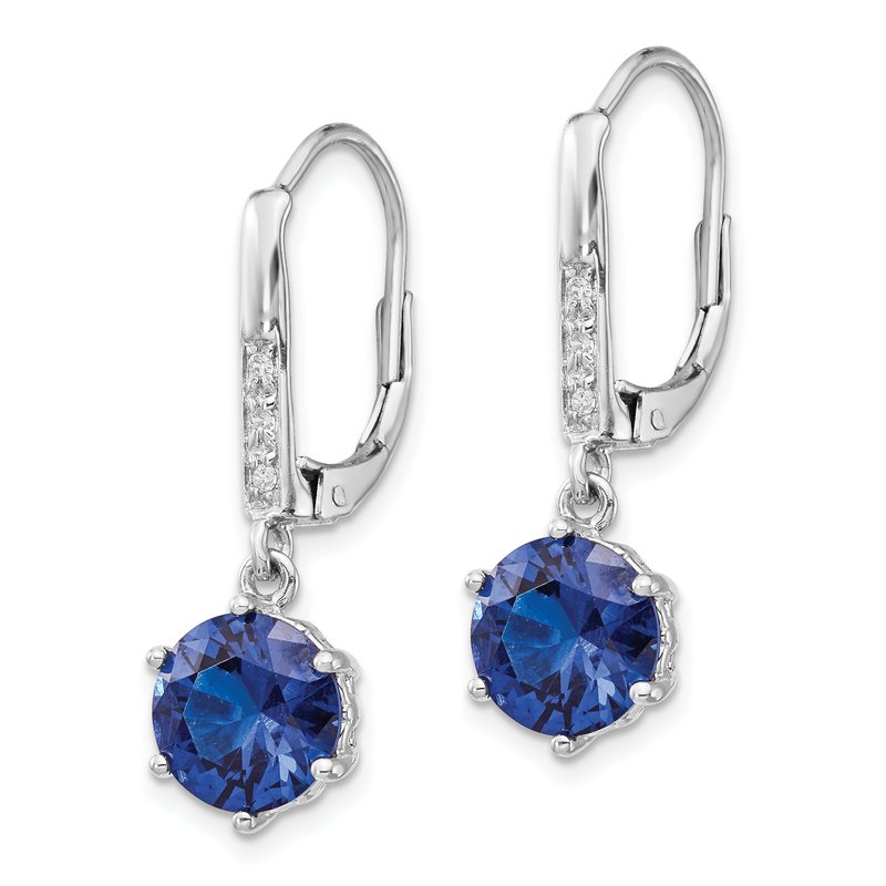Sterling Silver Rhodium-plated Brilliant-cut Lab Created Dark Blue Spinel and Brilliant-cut White CZ Leverback Dangle Earrings