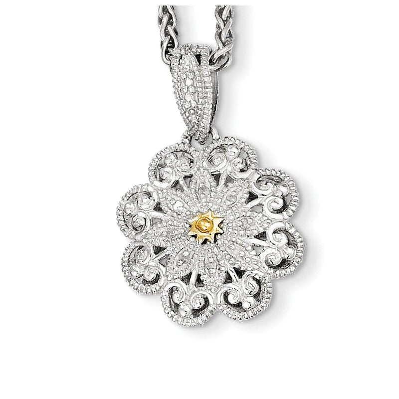 Sterling Silver Antiqued with 14K Accent 18 Inch Diamond Vintage Flower Necklace