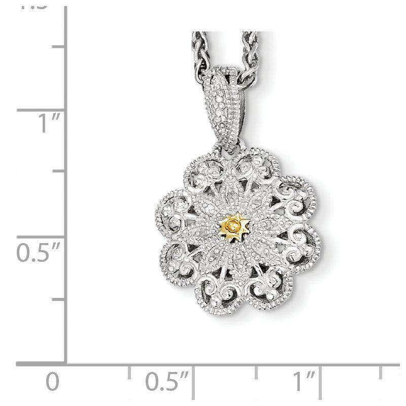 Sterling Silver Antiqued with 14K Accent 18 Inch Diamond Vintage Flower Necklace
