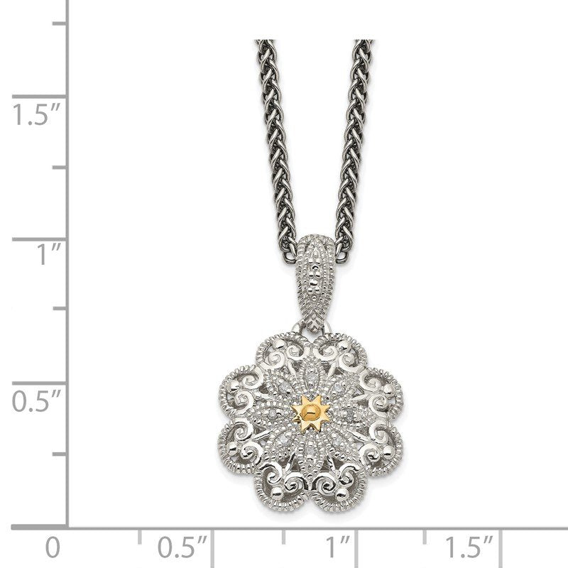 Sterling Silver Antiqued with 14K Accent 18 Inch Diamond Vintage Flower Necklace