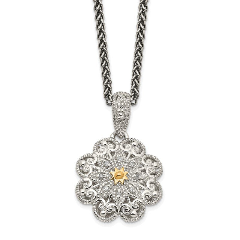 Sterling Silver Antiqued with 14K Accent 18 Inch Diamond Vintage Flower Necklace