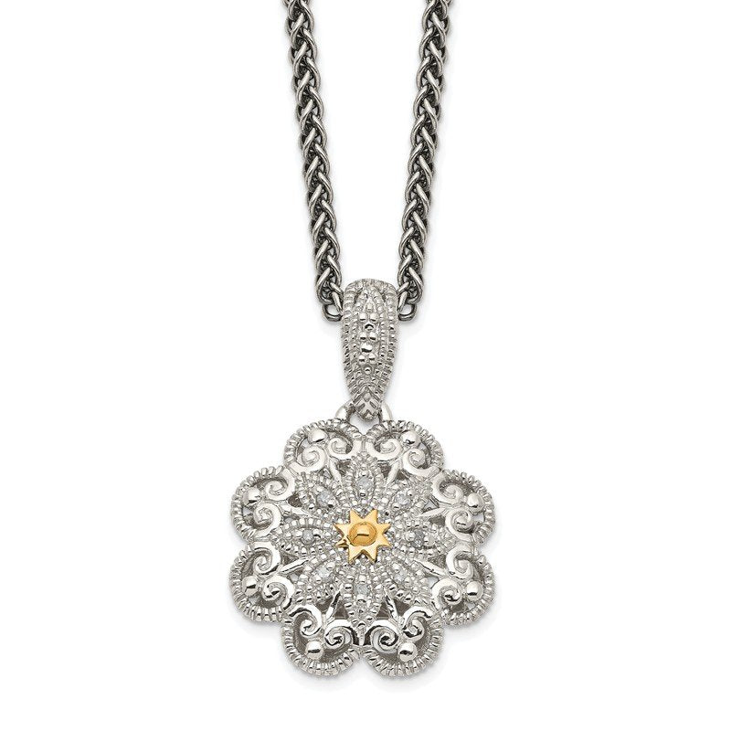 Sterling Silver Antiqued with 14K Accent 18 Inch Diamond Vintage Flower Necklace