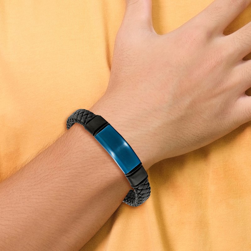 Stainless Steel Polished Black and Blue IP-plated Braided Black Leather with Silicone 8.25 inch ID Bracelet