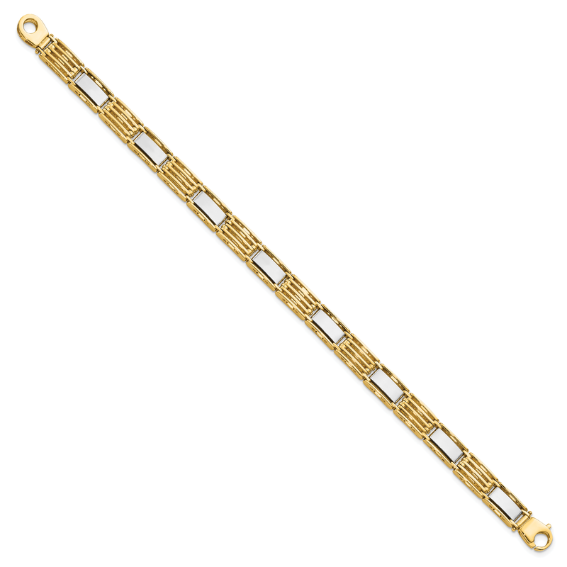14k Two-tone High Polished 7.4mm Fancy Bar Link 8.5 inch Mens Bracelet