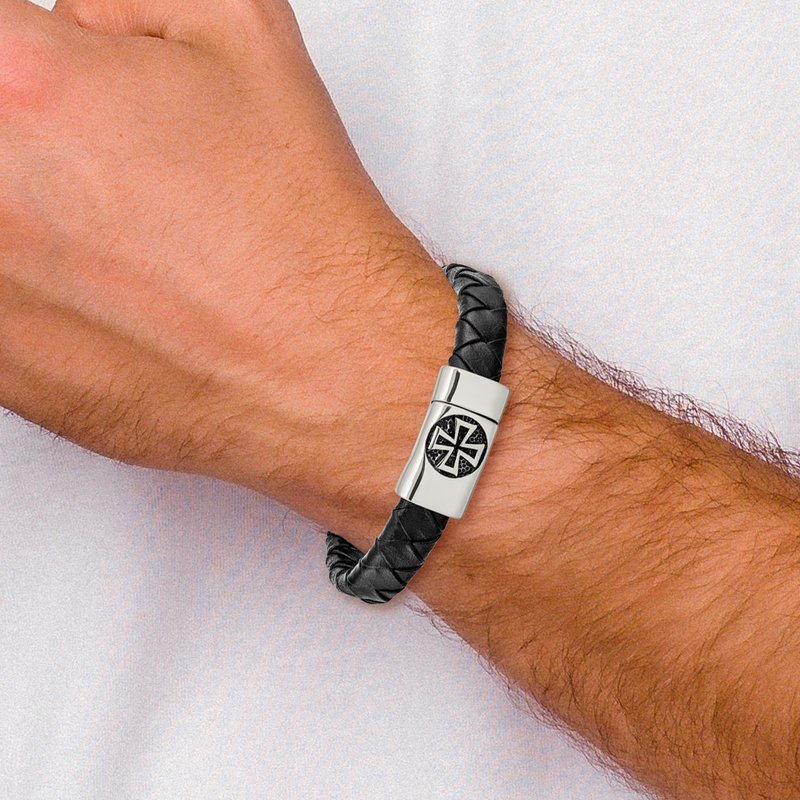 Stainless Steel Antiqued and Polished Cross Black Leather 8.5 inch Bracelet