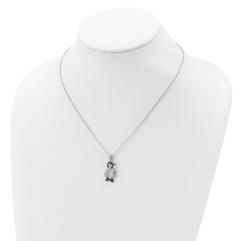 Sterling Silver Rhodium-plated with Black Rhodium Accent Enameled Brilliant-cut Black and White CZ Penguin 18 Inch Necklace