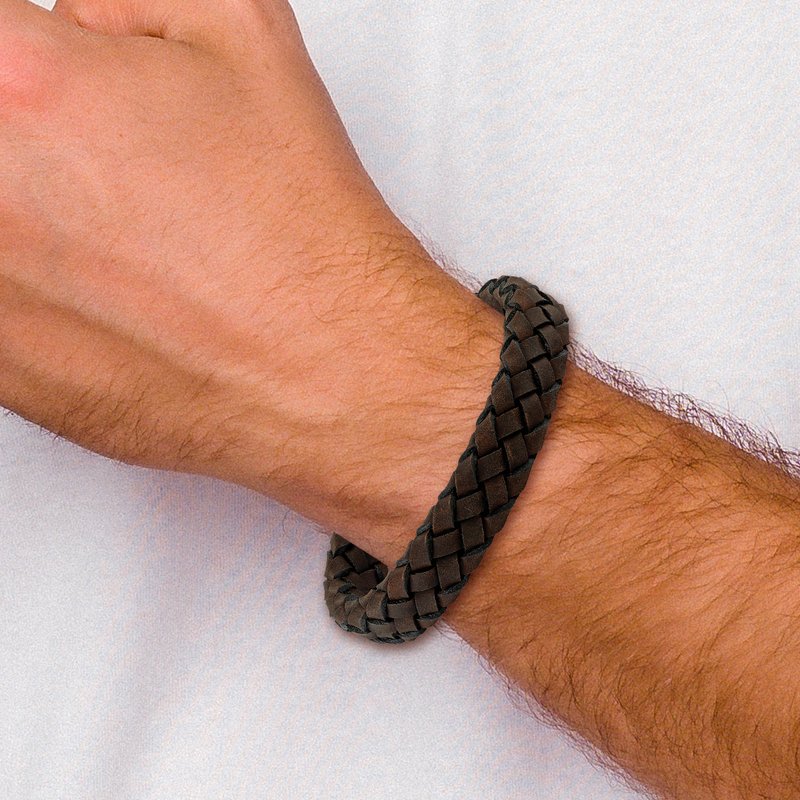Stainless Steel Brushed Brown Braided Leather 8.25 inch Bracelet