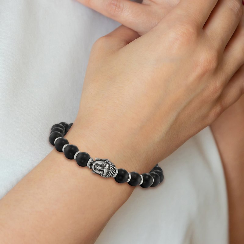 Stainless Steel Antiqued and Polished Buddha 8mm Black Agate Beaded Stretch Bracelet