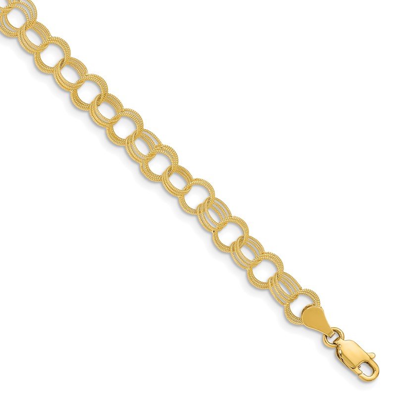 14k 6mm Solid Textured Triple Link 7 inch Charm Bracelet