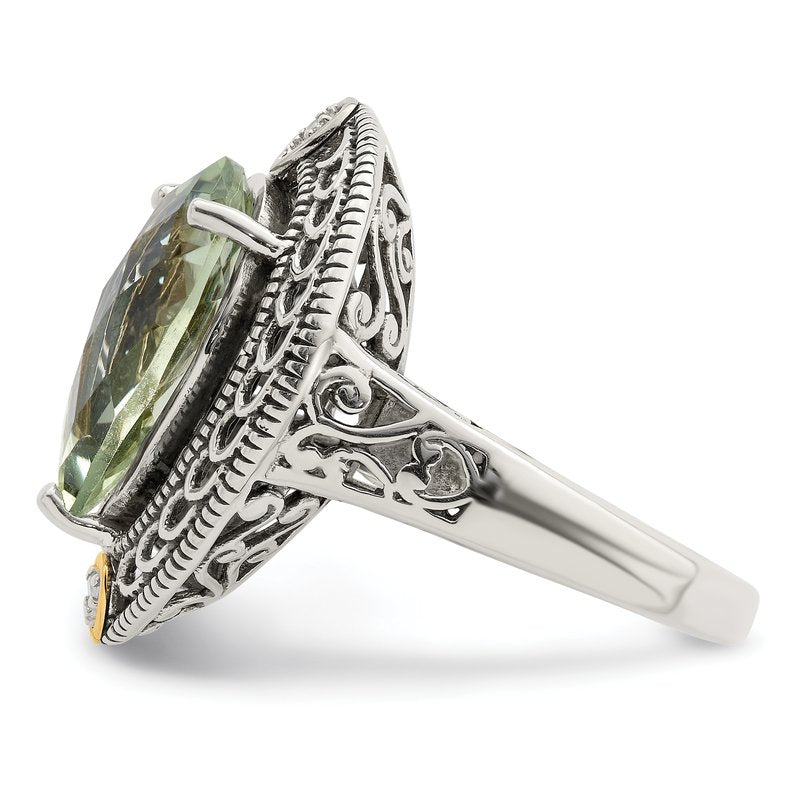Sterling Silver with 14K Accent Antiqued Diamond and Pear Shaped Green Quartz Ring