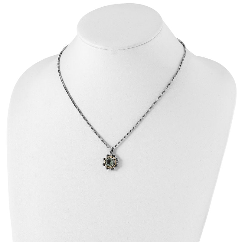 Sterling Silver with 14K Accent 18 Inch Antiqued Round Green Quartz and Diamond Necklace