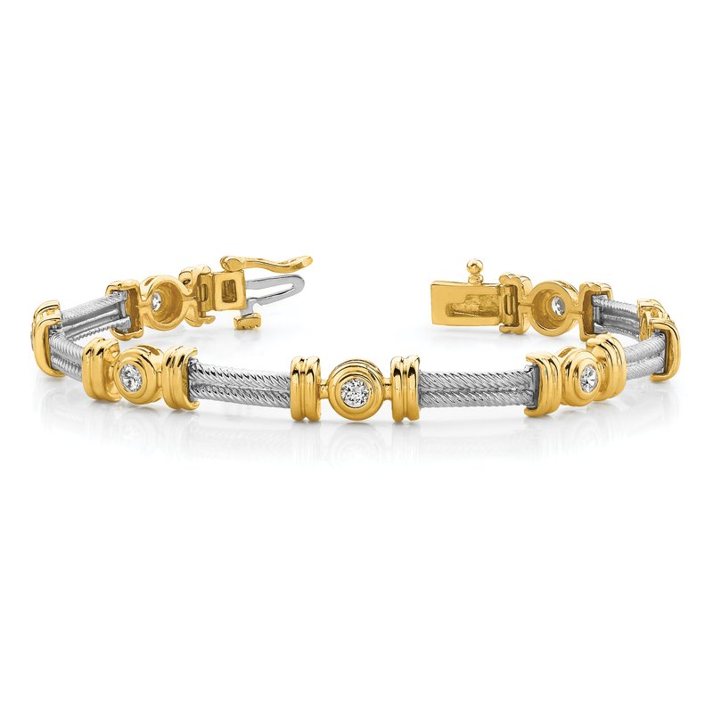 14k Two-tone Complete 1.4 carat Round A Diamond Bezel and Twisted Bar 7 inch Bracelet
