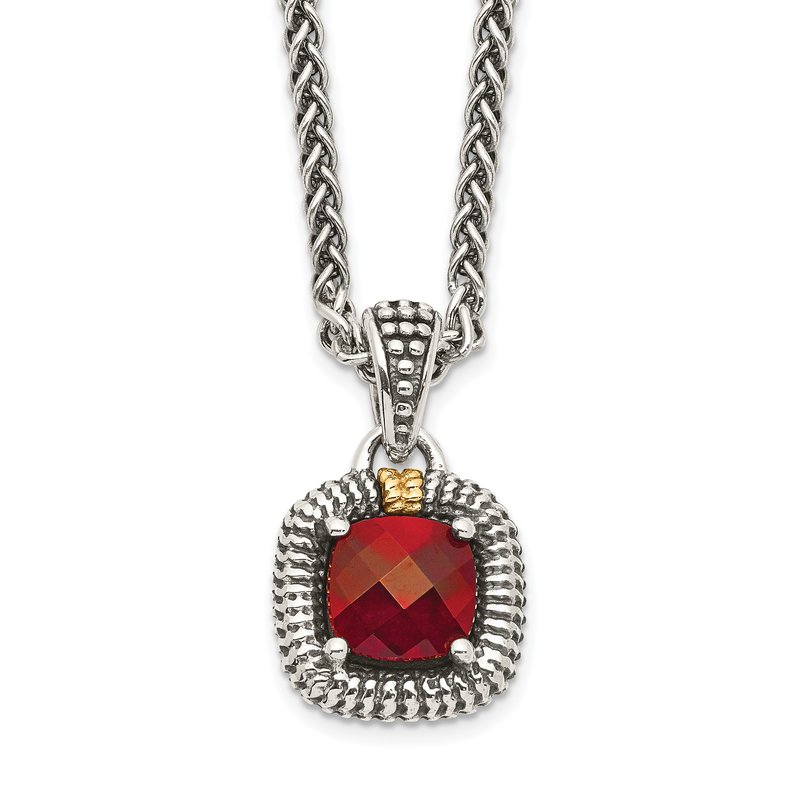 Sterling Silver with 14K Accent 18 Inch Antiqued Checkerboard Bezel Garnet Necklace