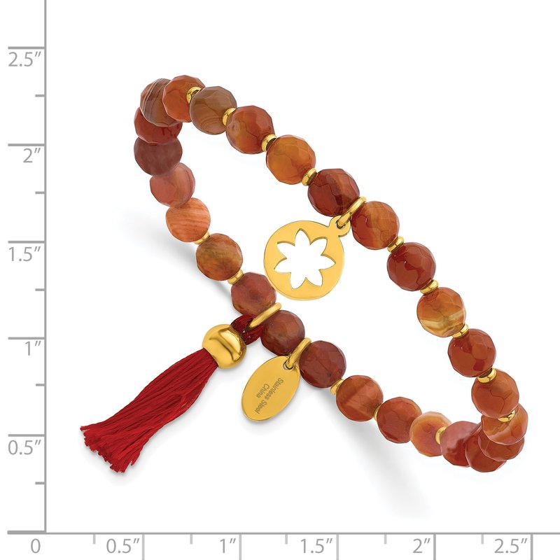 Stainless Steel Polished Yellow IP-plated Flower 6mm Orange Agate Beaded with Tassel Stretch Bracelet