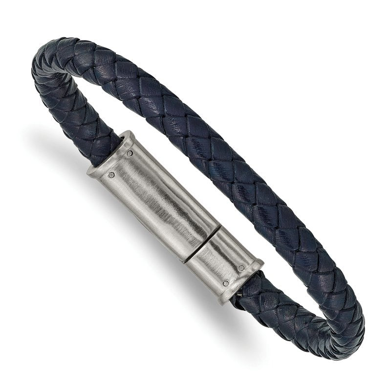 Stainless Steel Brushed Navy Blue Braided Leather 8.25 inch Bracelet