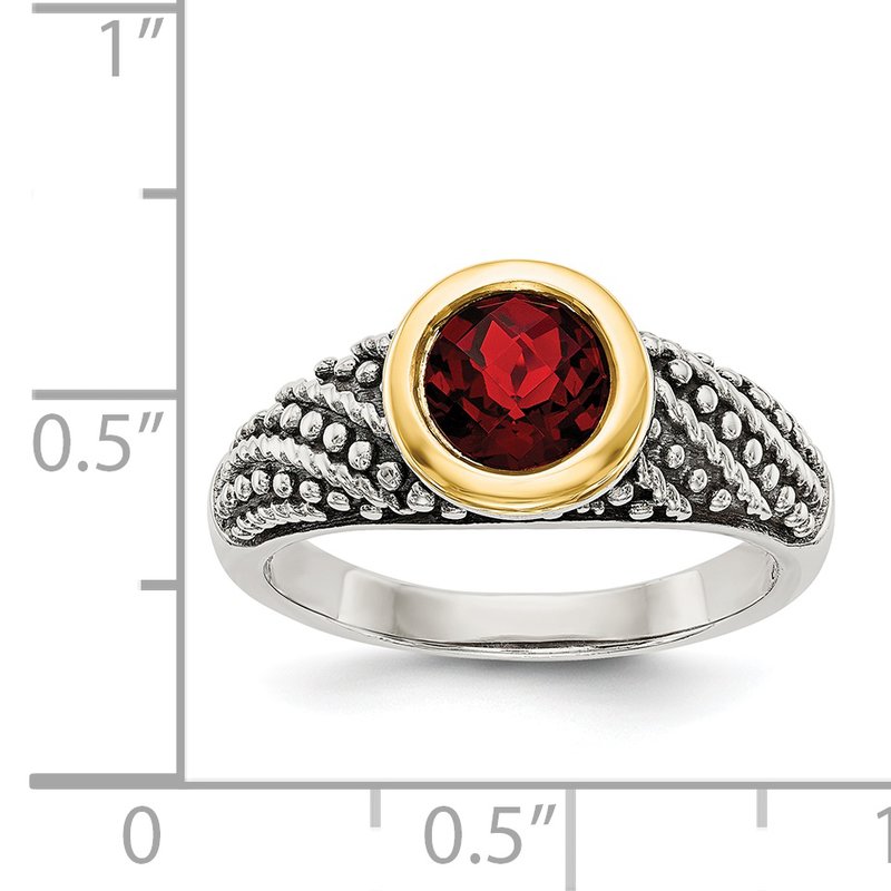 Sterling Silver with 14K Accent Antiqued Round Bezel Garnet Ring